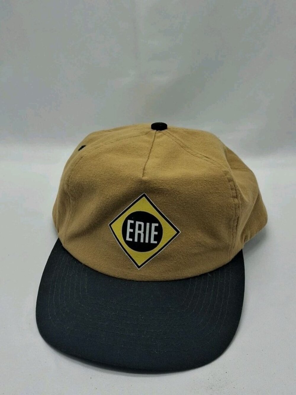 Vtg Attractive Headwear Erie Railroad Adjustable Tan & black Yellow Logo Hat ,
